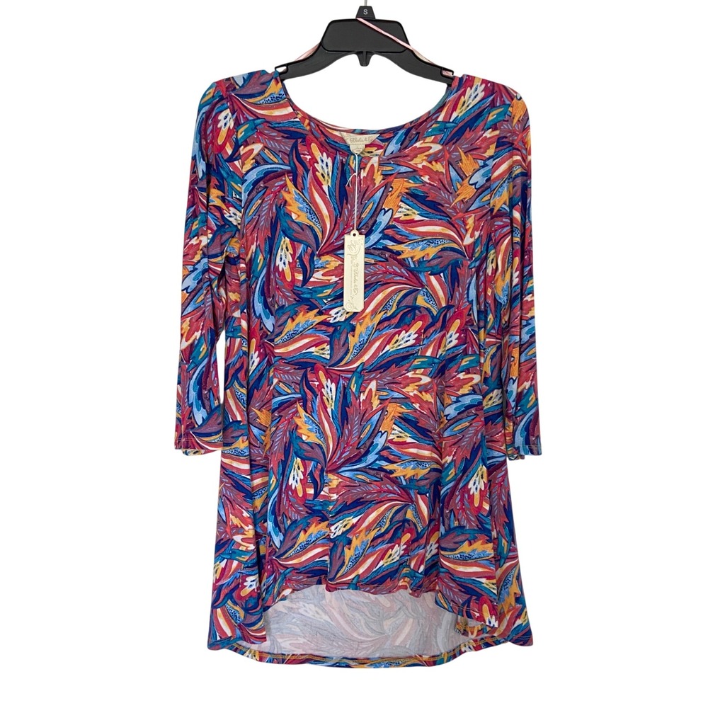 3/$25 Khakis & Co Abstract Print High Low‎ Tunic Top 3/4 Sleeve Red Blue Small